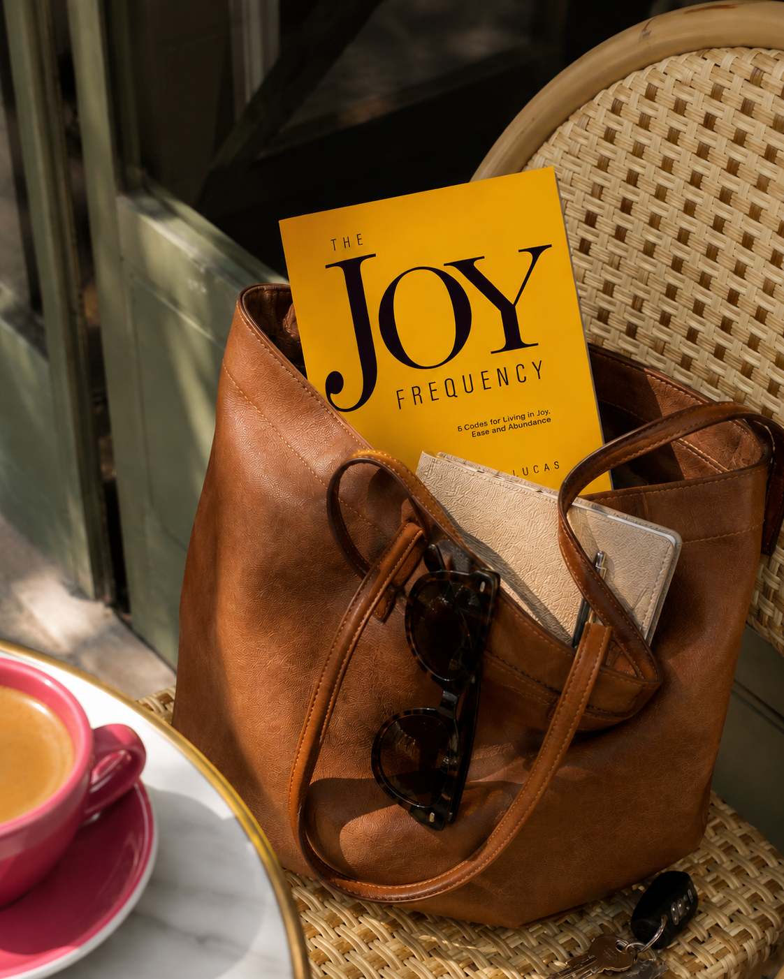 The Joy Frequency in a bag at a coffee shop table