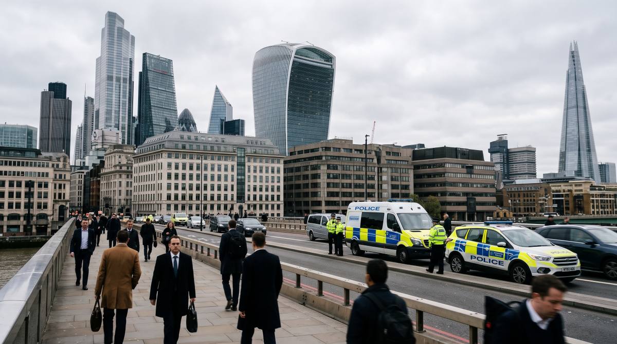 Busy pedestrian traffic on London Bridge with the City of London skyline, skyscrapers, and parked Metropolitan Police vehicle