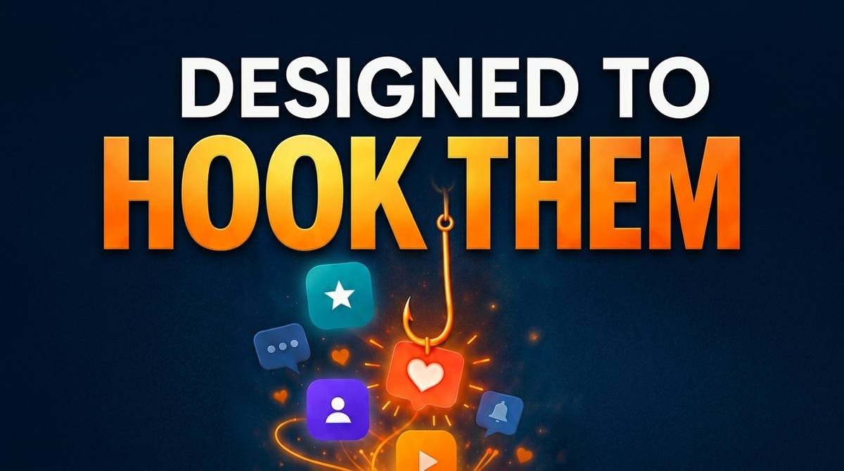A fishing hook catching a glowing heart “like” icon, surrounded by social media icons for comments, notifications, profiles a