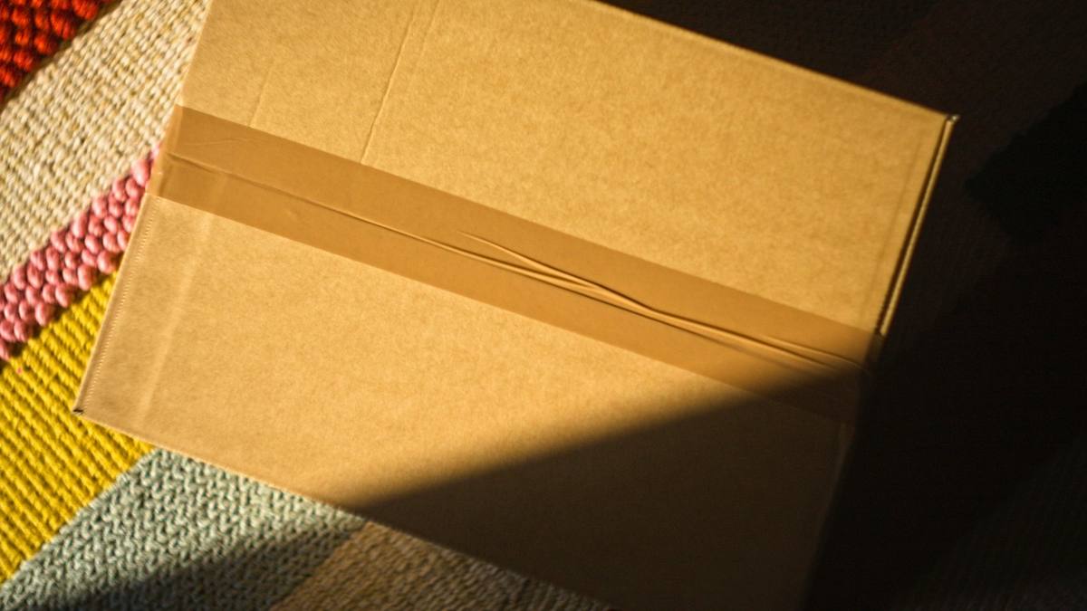 A cardboard box sealed with packing tape on a patterned rug