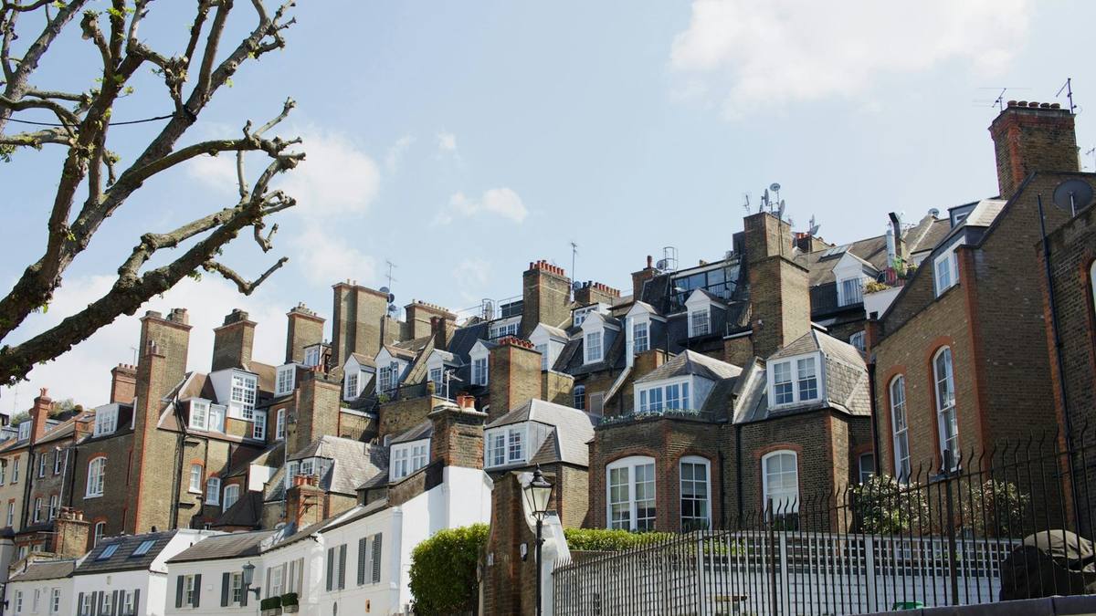 Rows of London terraced houses with chimney stacks and roof terraces under a blue sky