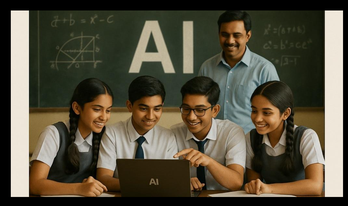 Students learning with digital technology in an Indian classroom, highlighting the growing importance of AI literacy and resp