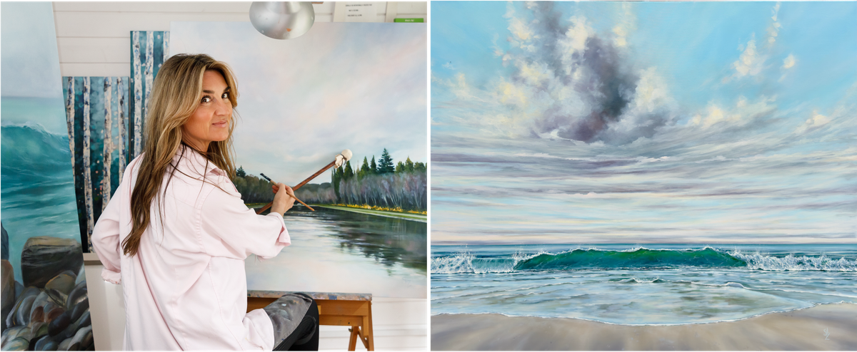 Artist Sharon Goodenough with painting 'Free Thinker'