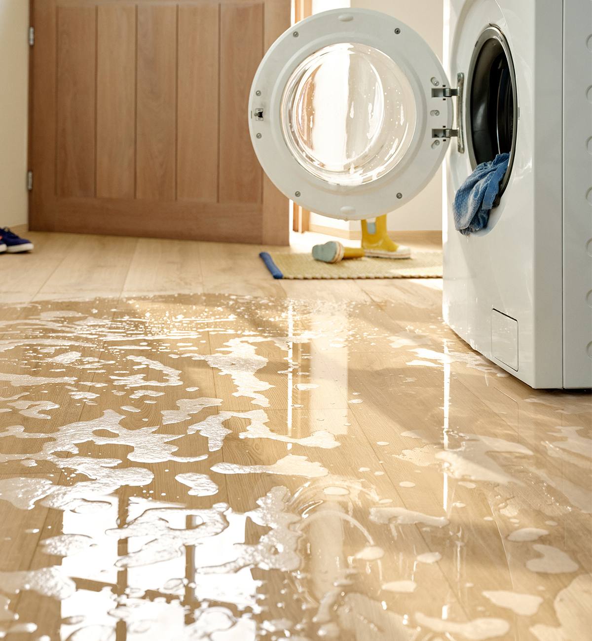Open washing machine with water and suds spilled across a wood-effect floor.