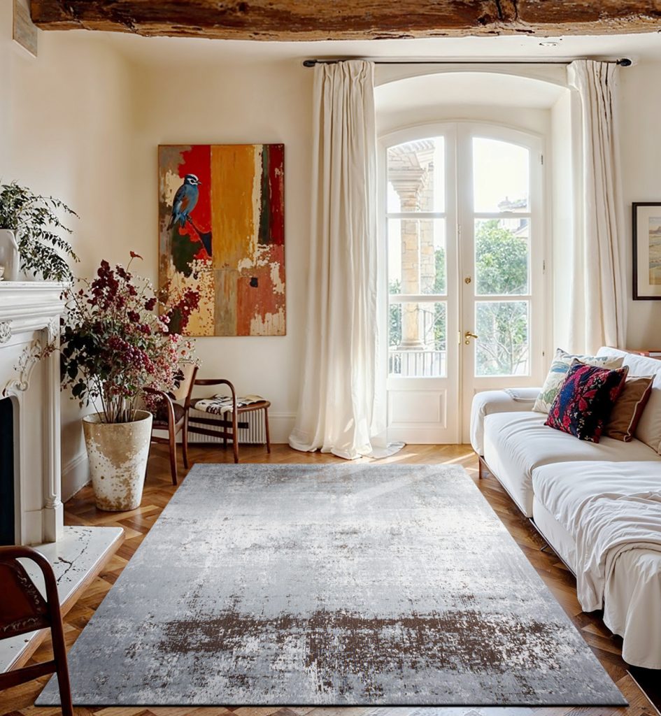 A luxurious living room featuring a feature rug from Louis De Poortere.