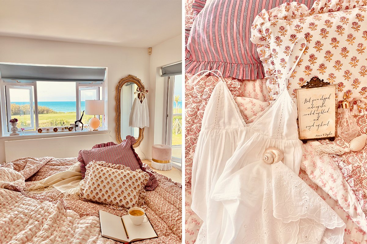 An image of a floral-inspired bedroom featuring flamboyant indian block patterned accessories from Huddle Collection.
