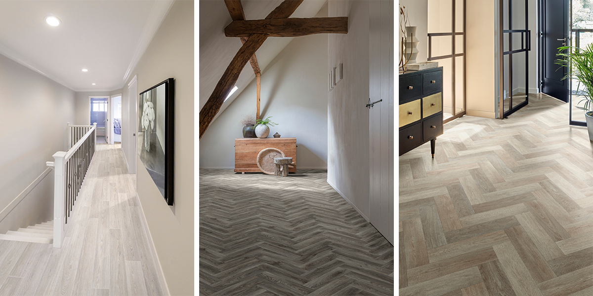 Three examples highlighting how cushion vinyl floors can be used in hallways, featuring solutions from LeoLine.