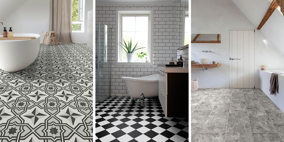 Three examples of bathrooms featuring patterned floors from LeoLine.