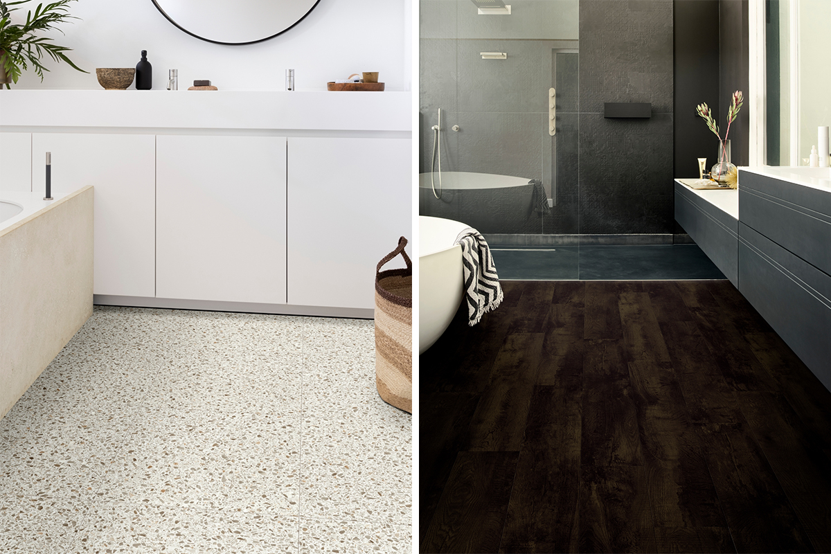 Two examples of monochrome-themed bathrooms, one featuring a light terrazzo floor and another featuring a dark oak floor from Moduleo.