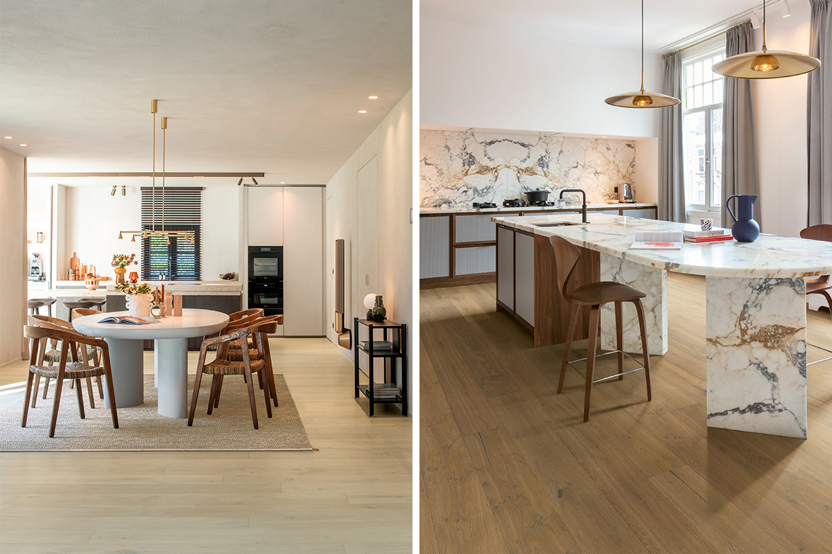 Two examples of kitchen diners featuring wood-effect floors from Quick-Step.
